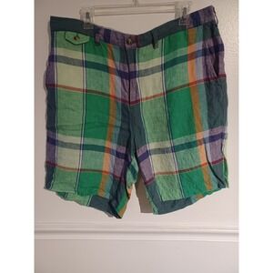 Polo Ralph Lauren Bedford Madras Green Plaid Purple Linen‎ Mens Shorts Sz 38